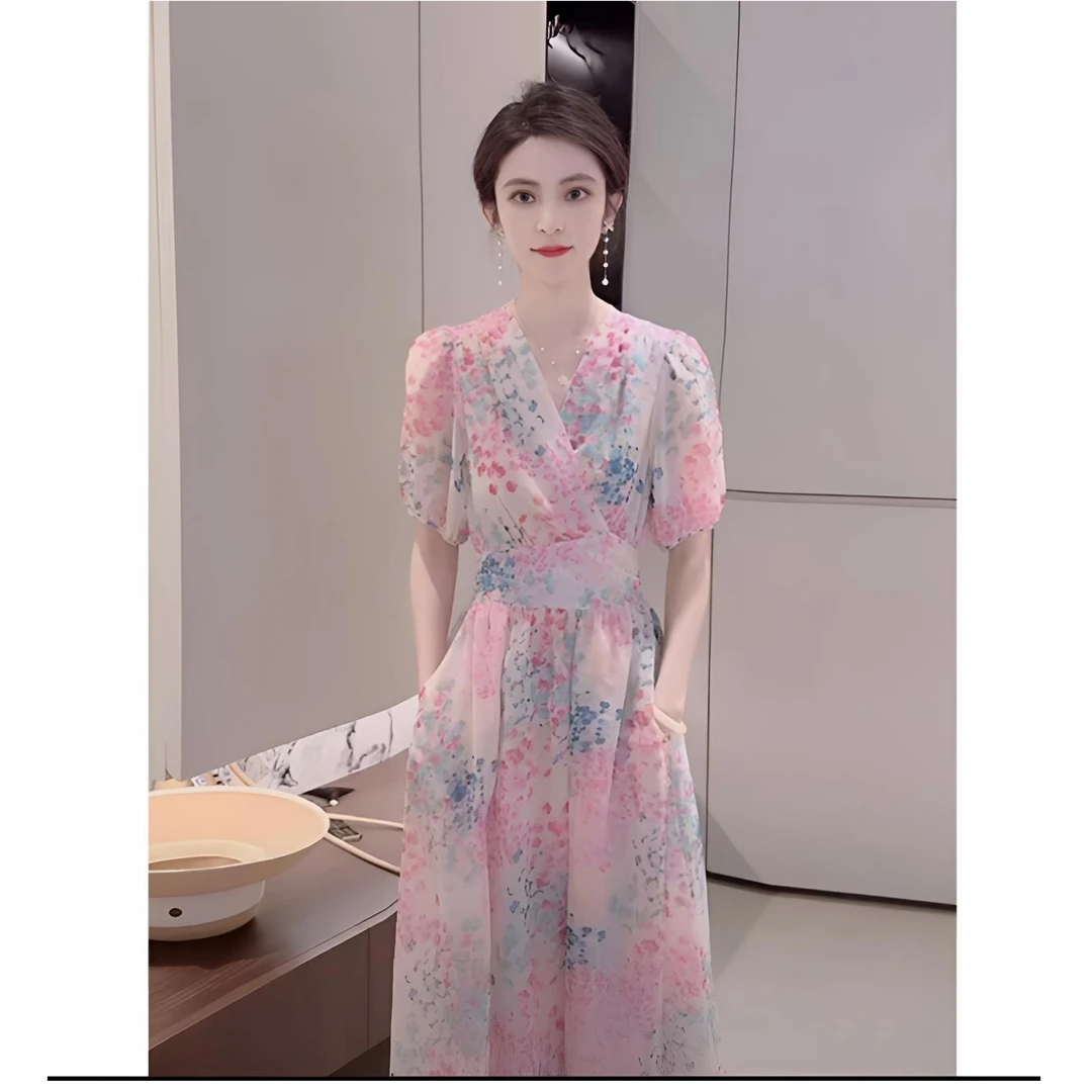 夏季新品粉粉满天星优雅碎花V领长款连衣裙气质裙子收腰显瘦长裙