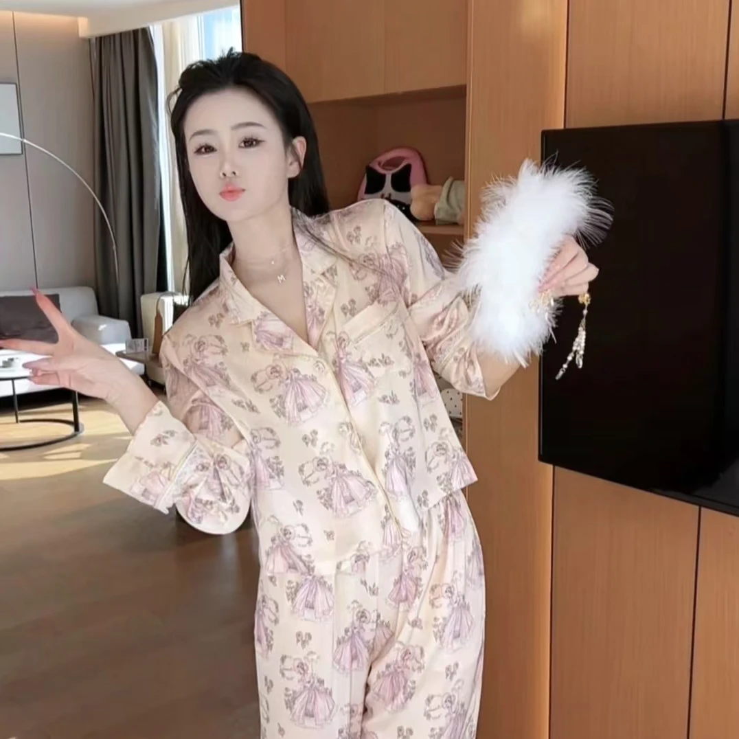 冰丝长袖睡衣女春秋可爱卡通家居服套装舒适显瘦可外穿