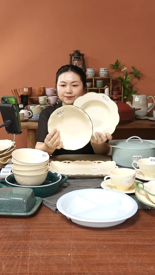 陶瓷陶瓷绿荷叶加绿花边2件套微瑕