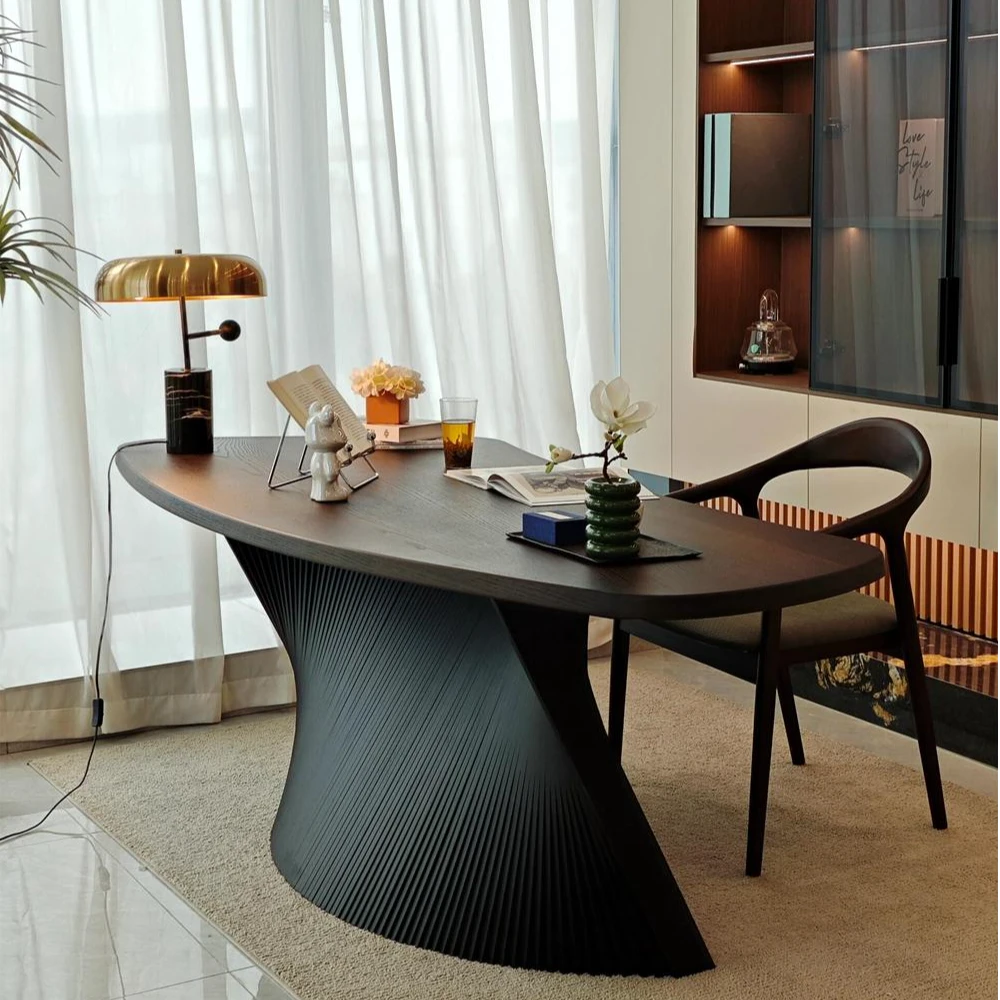 意式轻奢实木书桌椅组合书房设计师弧形异形高端黑胡桃办公电脑桌