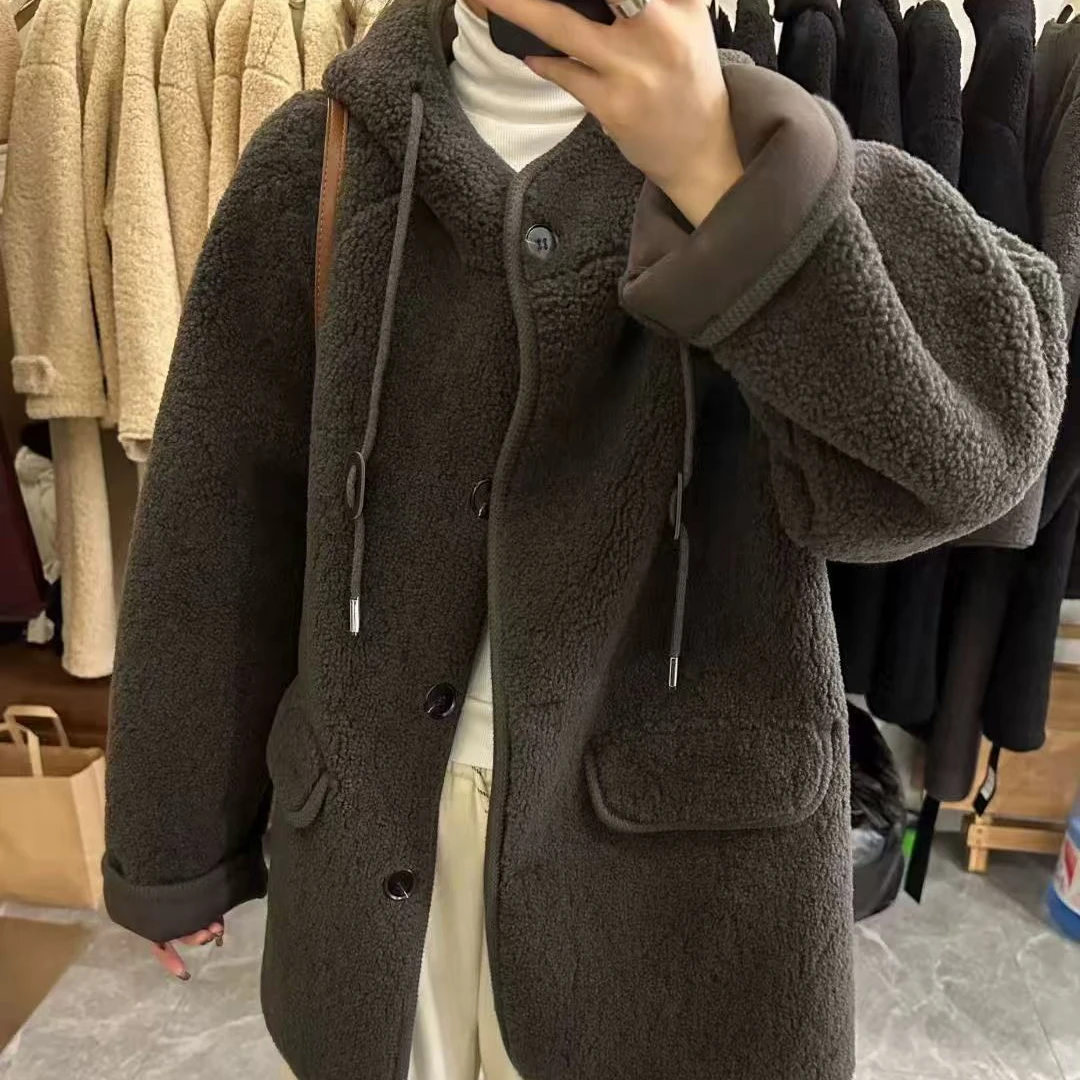 6280笑嘻嘻连帽宽松外套韩系女2025秋冬加厚保暖外套上衣加绒冬季