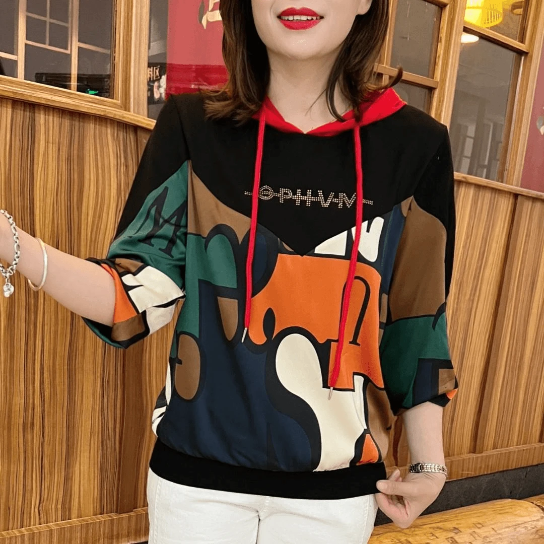 春秋新款妈妈洋气小衫时尚连帽拼接印花上衣显瘦宽松休闲卫衣