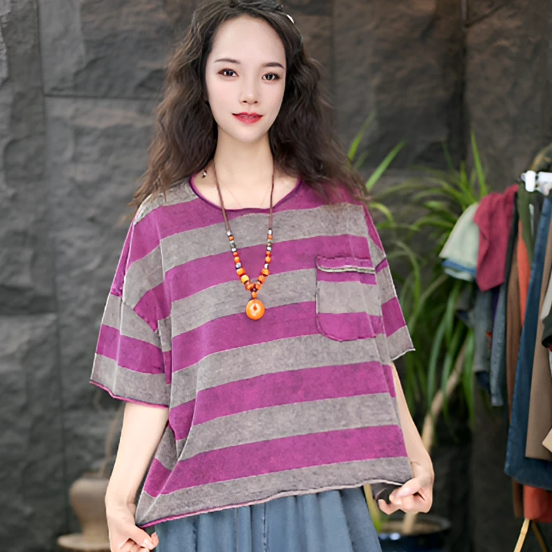 JJ02条纹圆领Oversize风贴布短袖T恤拼接文艺国潮新风百搭复古
