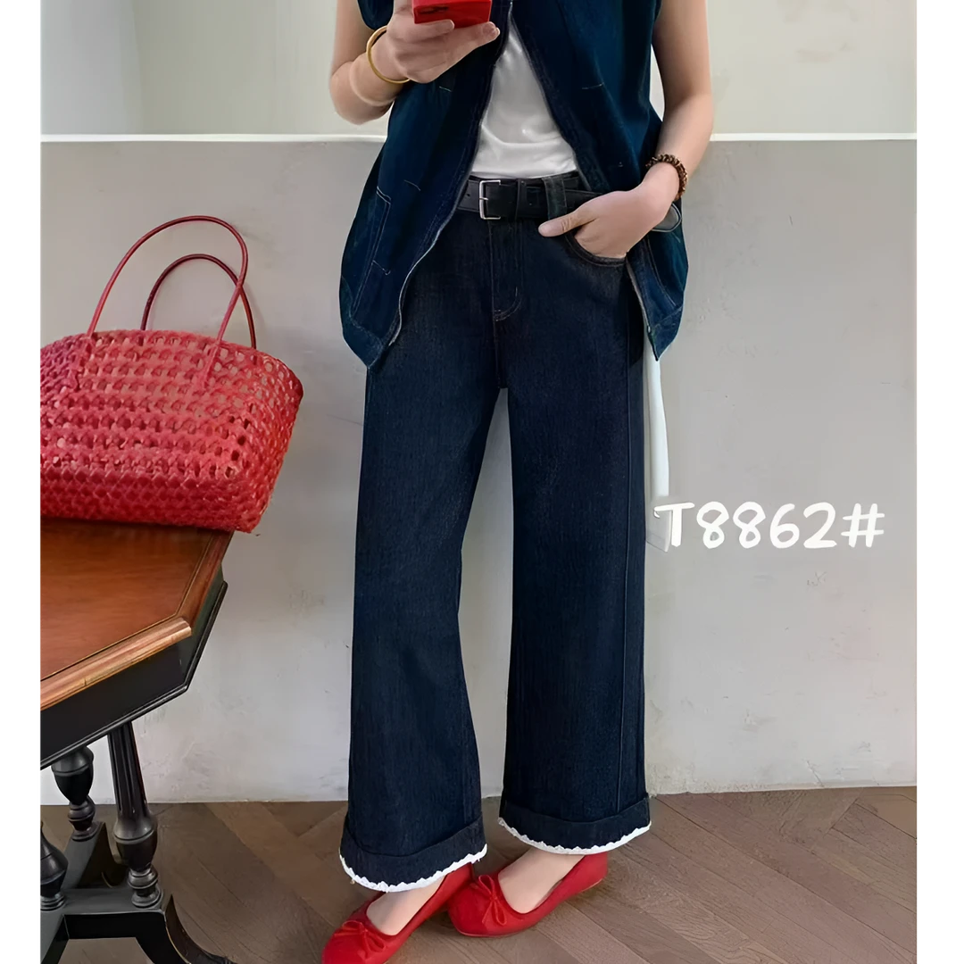 【玲子现货】 8037 丹宁蓝裤脚蕾丝小个子显瘦直筒阔腿裤牛仔裤女