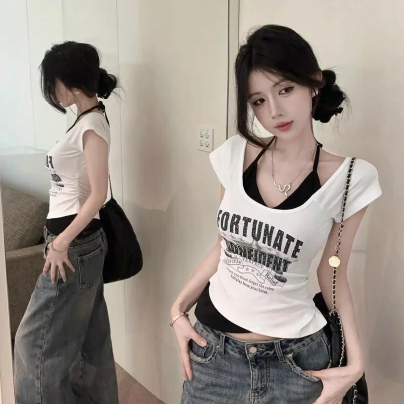 2025夏季新款小心机挂脖背心假两件休闲上衣女显瘦短款T恤#T0785