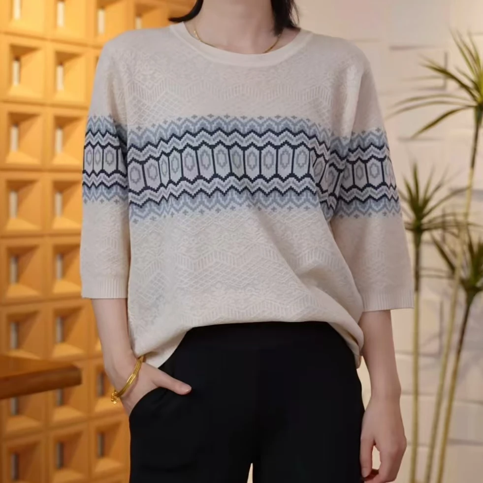 荟敏轻奢8877圆领中袖羊毛针织衫