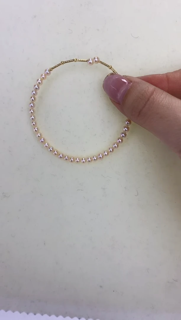 18K金镶嵌DA淡水珍珠中国红手镯3-4MM  X083C