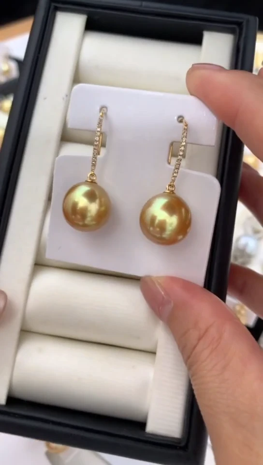 18K金镶嵌耳饰定制海水珍珠Y**i13-14mm南洋金珠