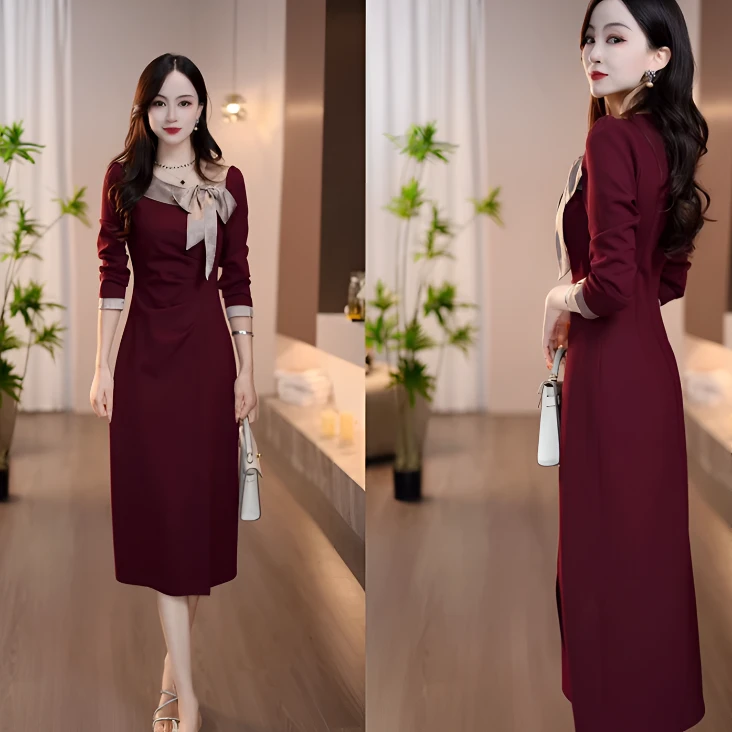 新品上新2025秋季红拼香槟色圆领蝴蝶结设计优雅时尚气质连衣裙