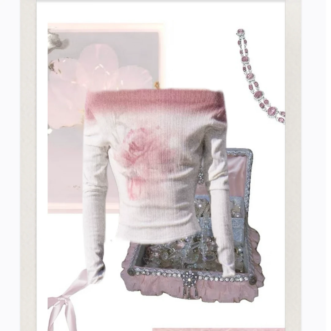 【安-薄雾的京都】高级简约一字肩渐变花朵珍珠白上衣