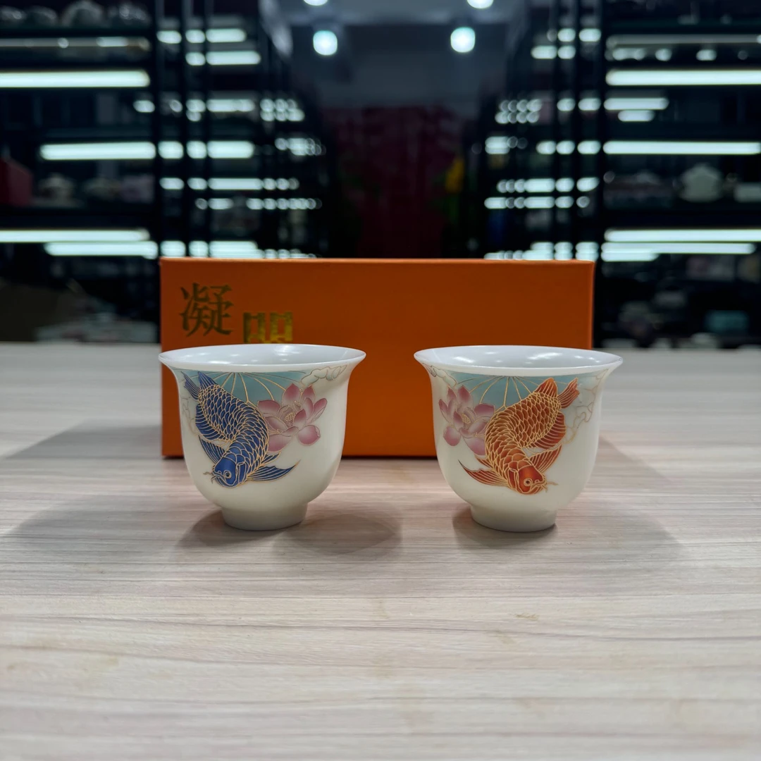 瓷韵优品 羊脂玉瓷富贵金龙鱼反口对杯茶杯品茗杯礼盒装-5774