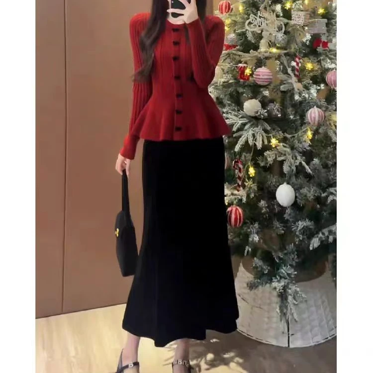 新年战袍小香风红上衣半身裙两件套#1605（实物细节以直播间为准）
