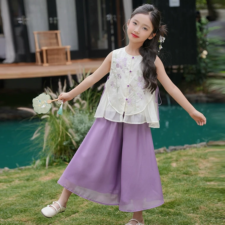 【现货清】女童夏短袖上衣裤子新中式套装儿童女宝宝小孩时尚衣服