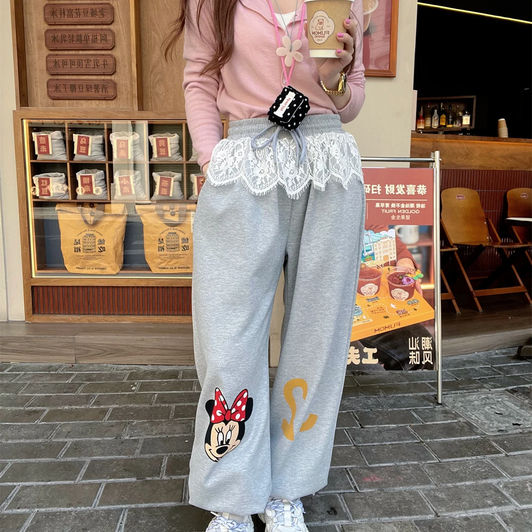 JENNIFER JXLIU韩版芭蕾舞少女风蕾丝花边装饰松紧腰米奇灰色卫裤