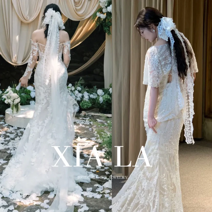 新款蕾丝蝴蝶结头纱短款森系配饰超仙新娘婚纱影楼唯美影楼拍照