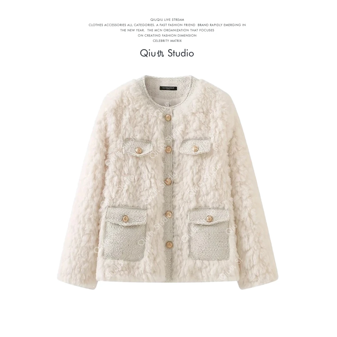 【Qiu仇 Studio】奶白仿毛绒鹅绒短外套女小香风圆领保暖上衣88601