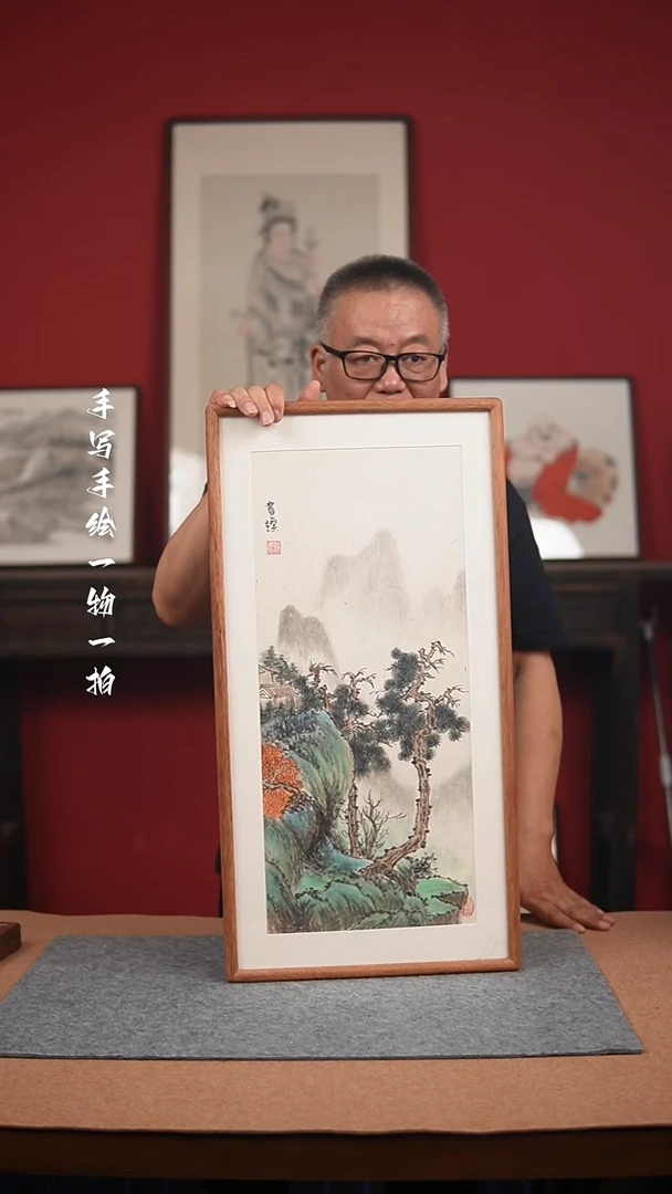 国画手绘-36*69实木框山水