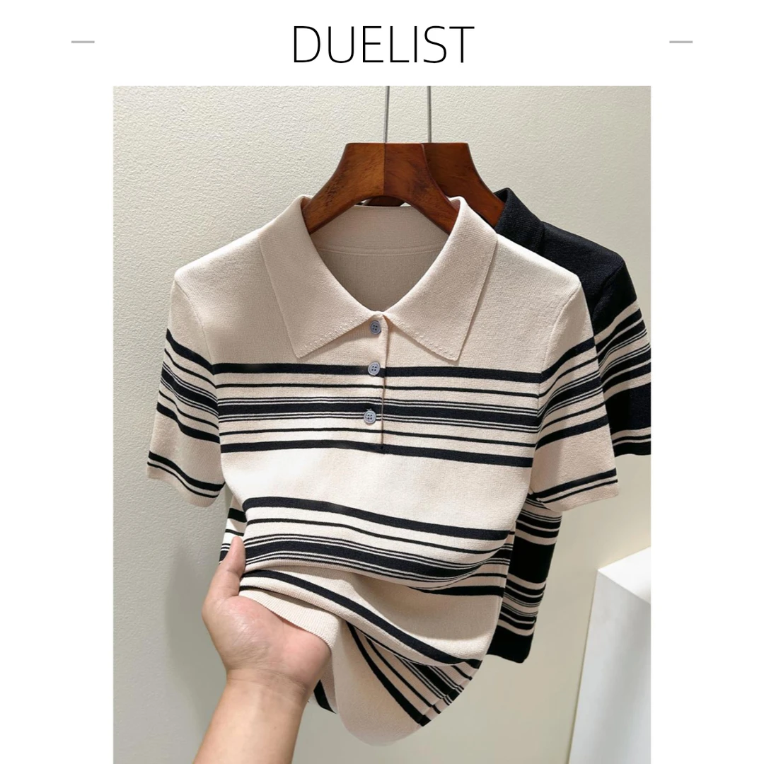 DUELIST法式正肩上衣女时尚爆款夏半开纽扣领短袖条纹百搭针织衫