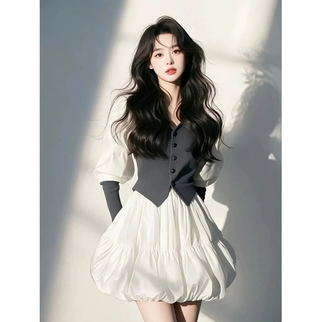 韩版时尚气质独特绝美假两件连衣裙2025春季新款千金感花苞短裙子