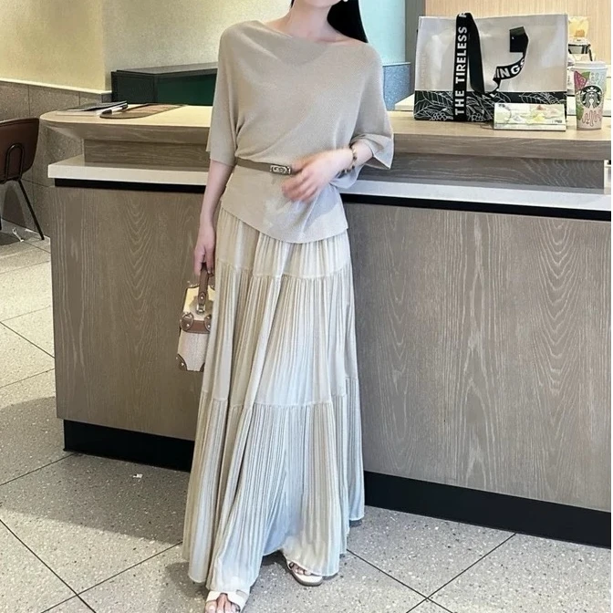 [DARUI]时尚圆领老钱风短袖针织衫搭配显瘦醋酸半身裙两件套