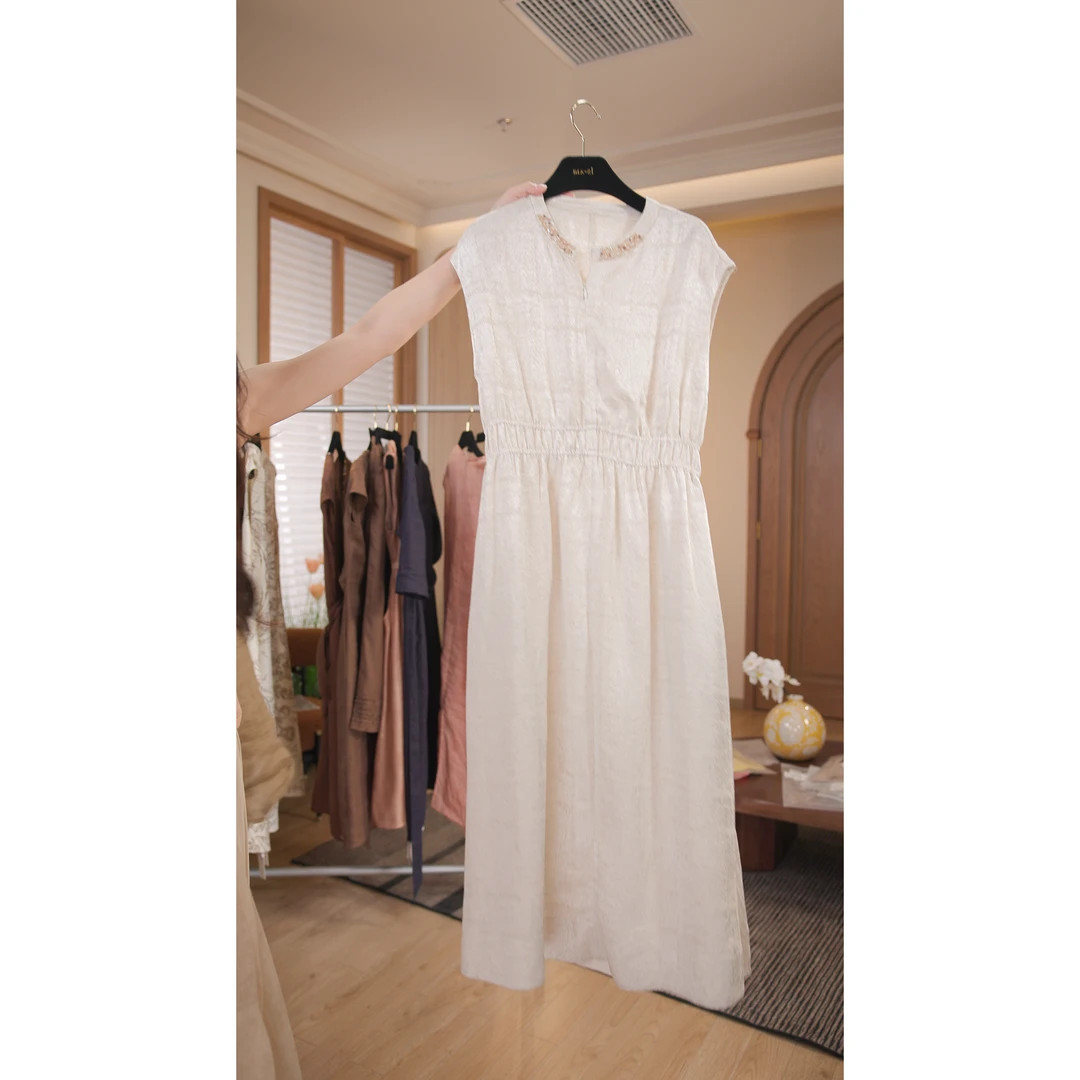 【月光织羽】·夏季文艺优雅气质连衣裙白金色长款时尚