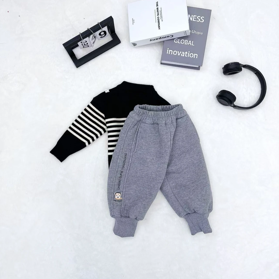 【町木优品】儿童冬季男童字母百搭猴子纯色刺绣加绒卫裤 K6215