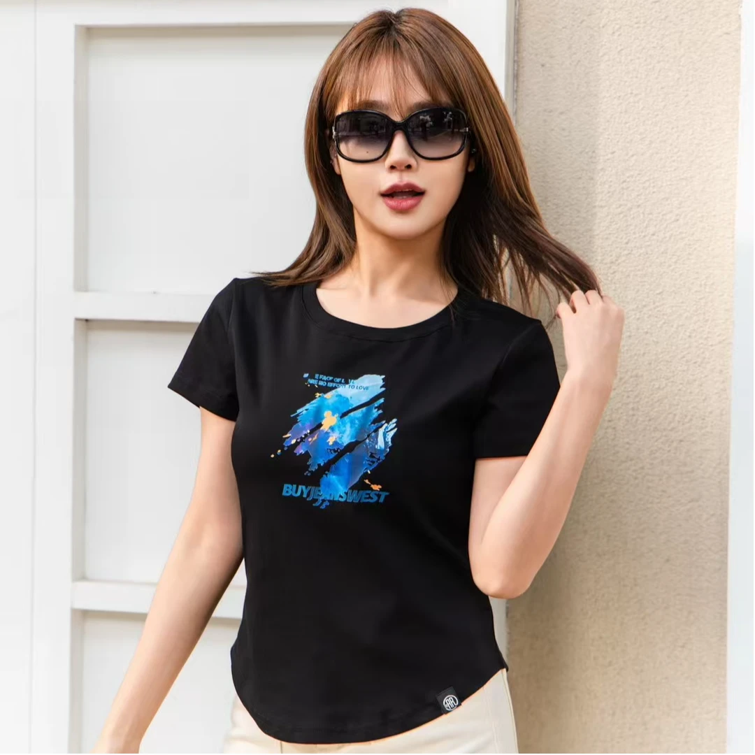 3035印花圆领短袖棉料女T恤休闲高腰短款修身时尚洋气衣服女韩版