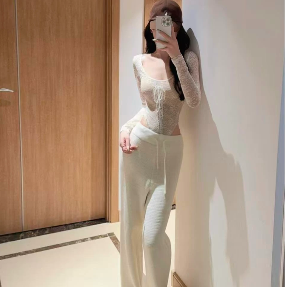 纯欲风性感蕾丝打底上衣女秋冬内搭连体衣休闲宽松阔腿裤两件套装