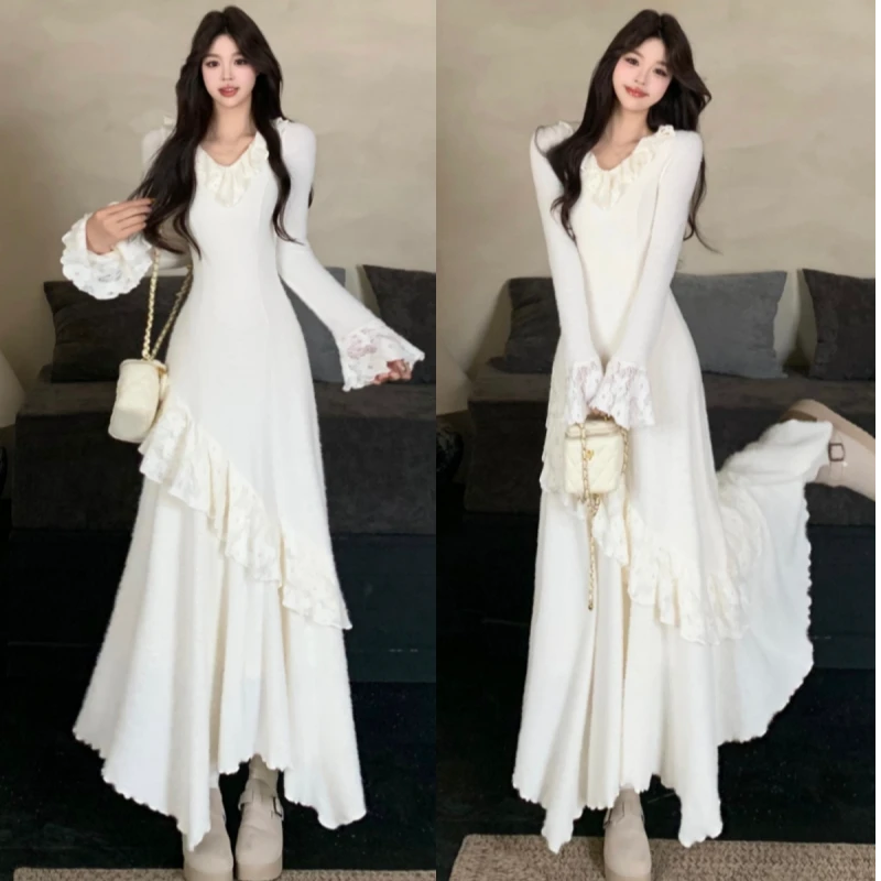 大码法式复古修身显瘦V领下摆拼接高级感不规则长袖中长连衣裙