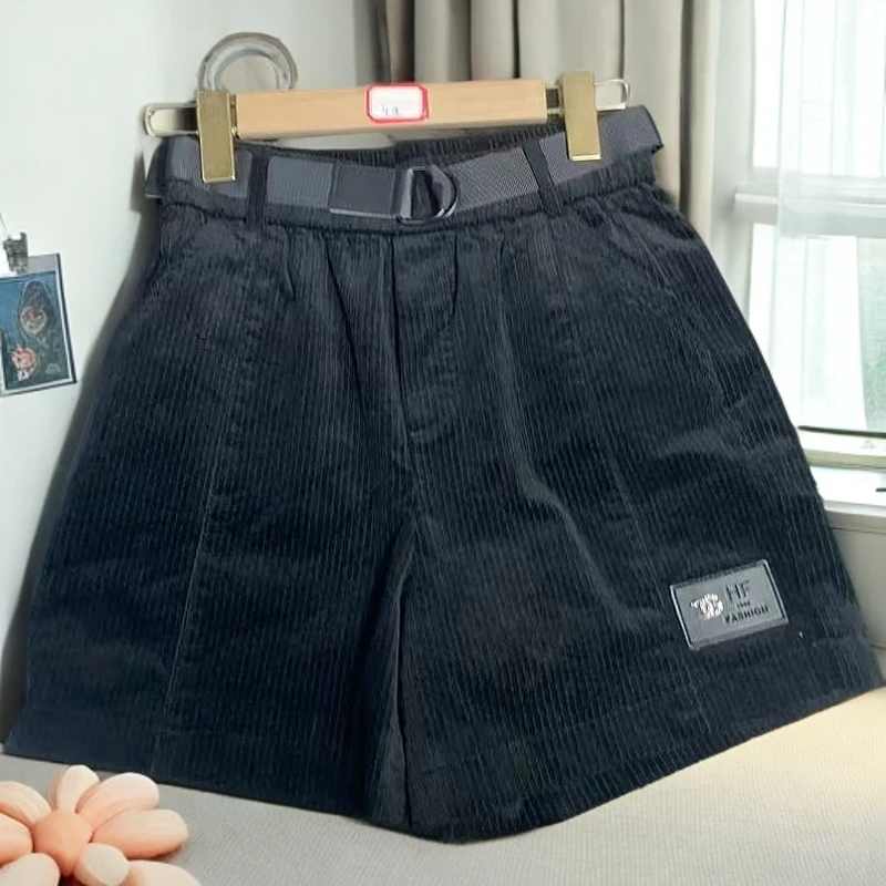 A031#高腰春秋季短裤外穿时尚韩版黑色灯芯绒直筒百搭显瘦