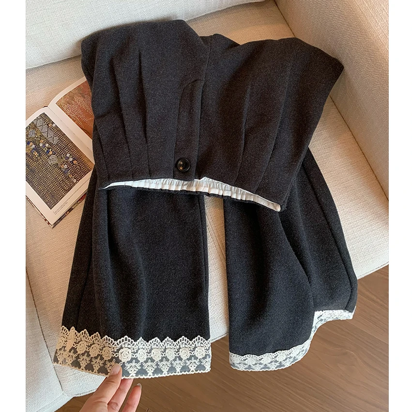 蕾丝花边拼接直筒休闲裤女2025秋新款梨形身材宽松显瘦阔腿九分裤