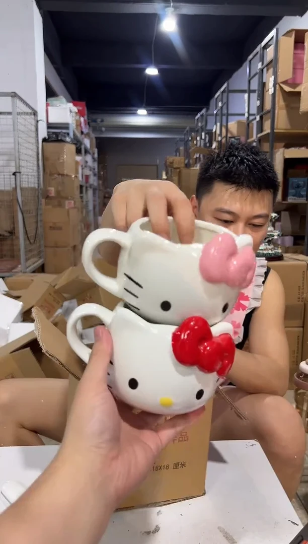 瓷片红色加粉色蝴蝶结kt头杯2件套微瑕