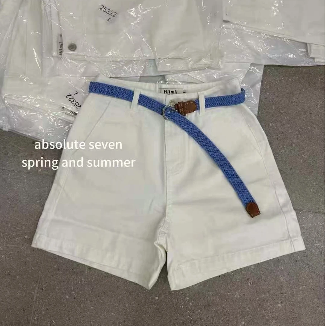 25322白色净版时尚简约风蓝色编制腰带牛仔短裤