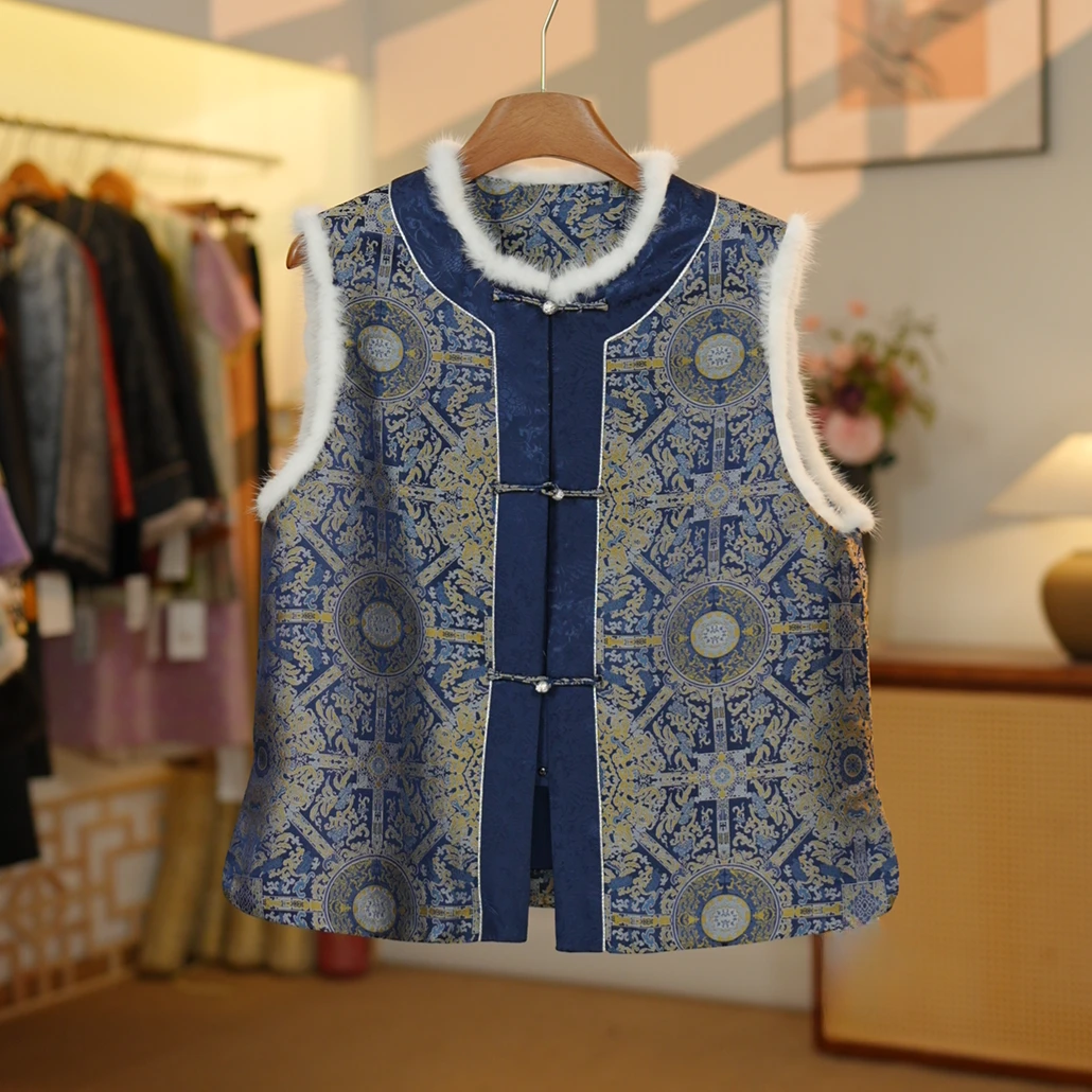 【宋锦.八达晕纹】2025冬季新款100桑蚕丝夹棉加厚圆领领马甲25288