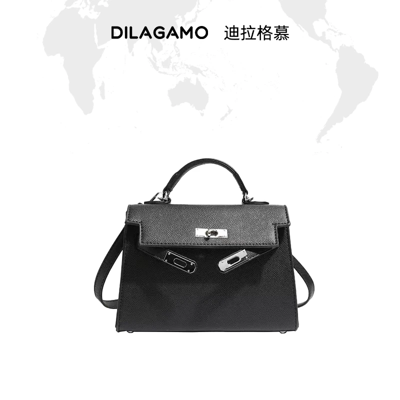 DILAGAMO凯莉包牛皮通勤复古单肩斜挎包真皮百搭休闲轻奢黑色时尚