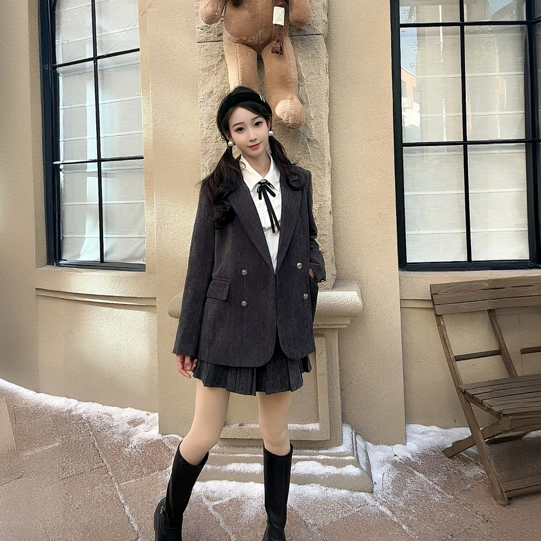 秋冬时尚休闲显瘦西装套装职业气质衬衣炸街百褶裙高级西服三件套