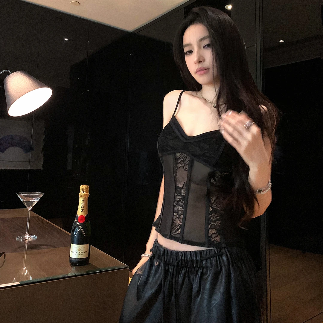 【纯欲氛围】2025夏季新款蕾丝吊带纯欲性感上衣女配显瘦休闲裤套装