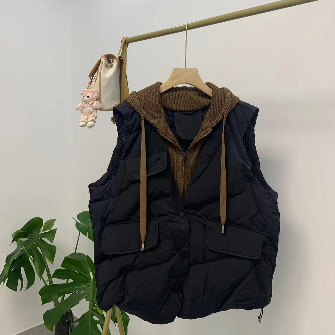 小个子假两件马甲2025冬季新款潮流拼接纯色外套连帽抽绳设计