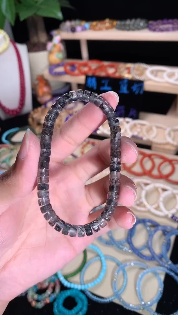 水晶手串未镶嵌黑发晶药片手串6mm