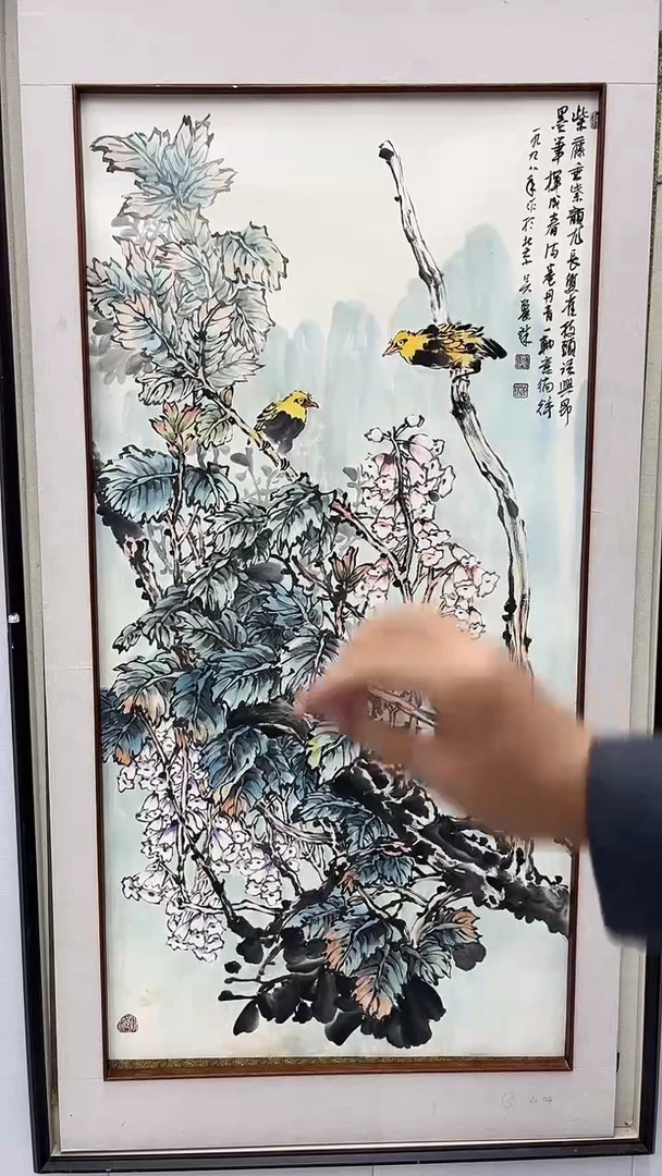 国画吴丽珠-8平尺-花鸟-带花鸟书-带相框