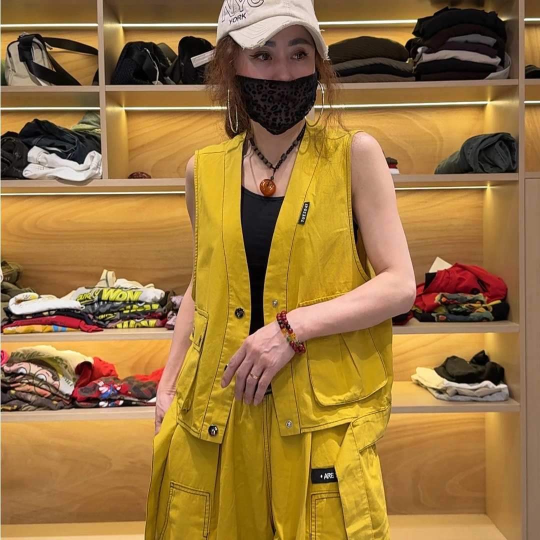 83599夏季个性休闲时尚百搭大口袋水洗棉V领马甲