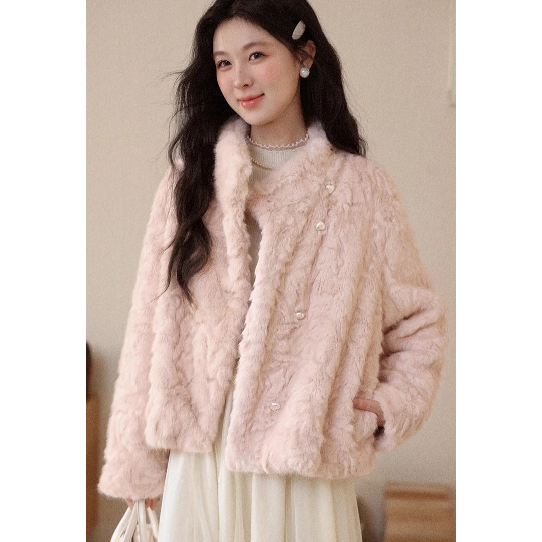 鹿向南「粉雾桃心」粉色毛绒外套女冬季韩系超好看保暖短款厚上衣