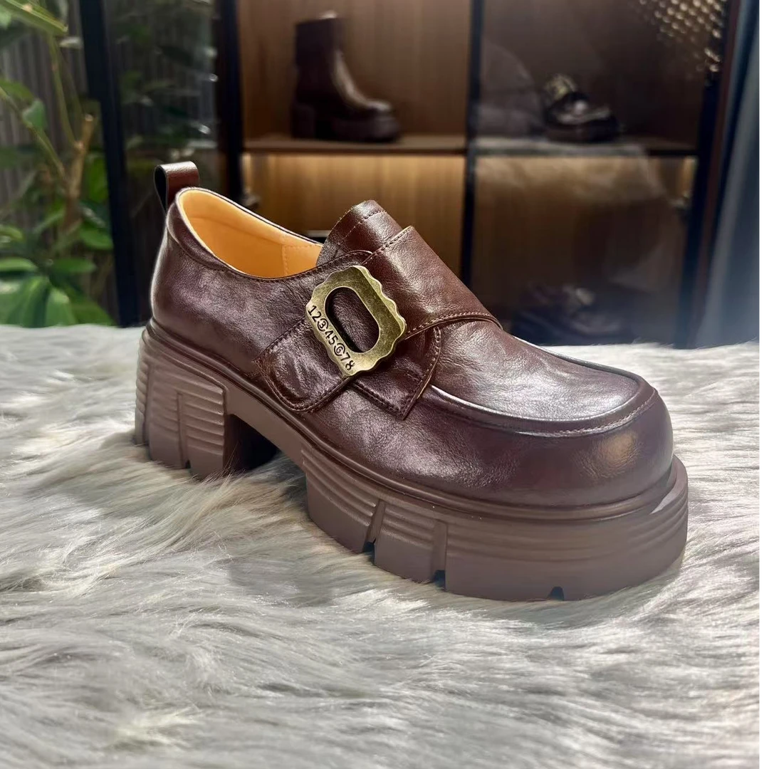 增高6公分防滑轻厚底乐福鞋女真皮牛皮粗跟软底秀气脚小休闲单鞋