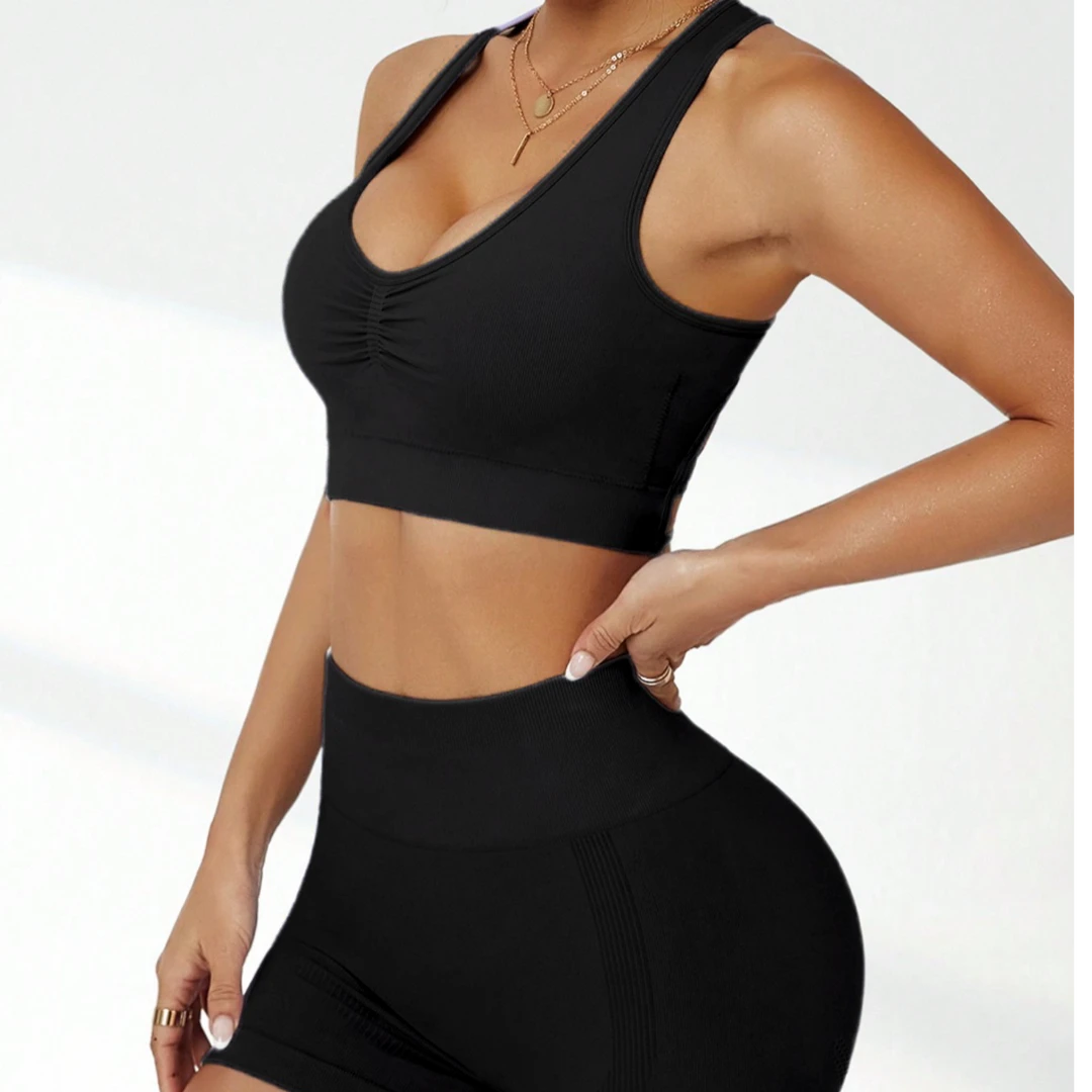 新款交叉工字美背裸感露背罗纹背心健身跑步高腰短裤瑜伽套装