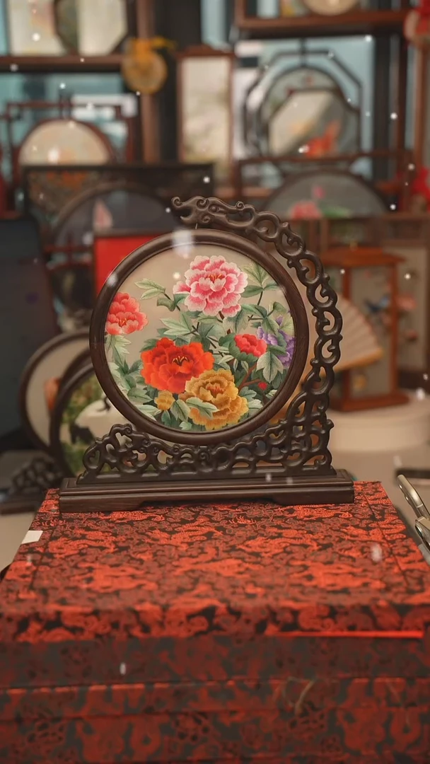 扇子龙头架 苏绣双面绣摆台