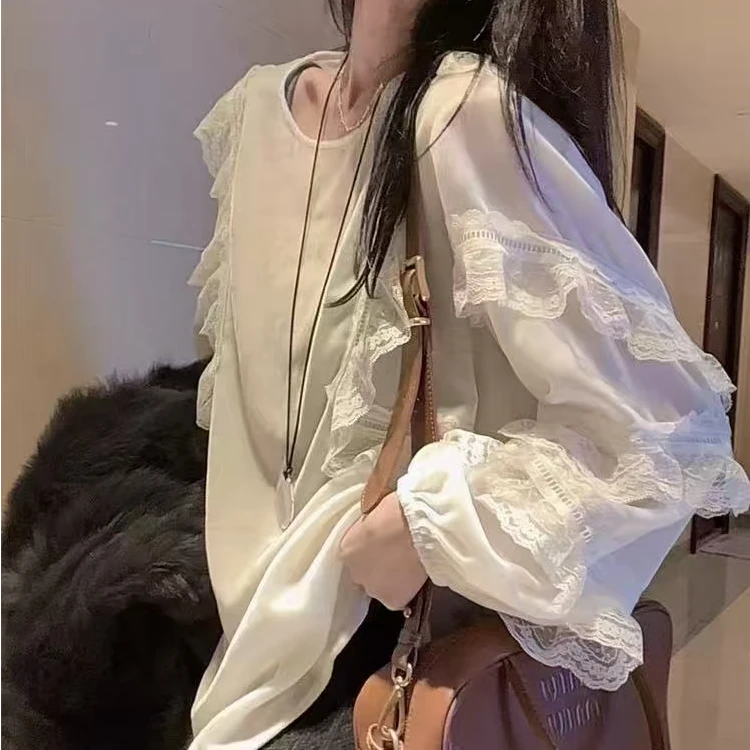 SHUSHU 欧货设计感重工蕾丝衬衣