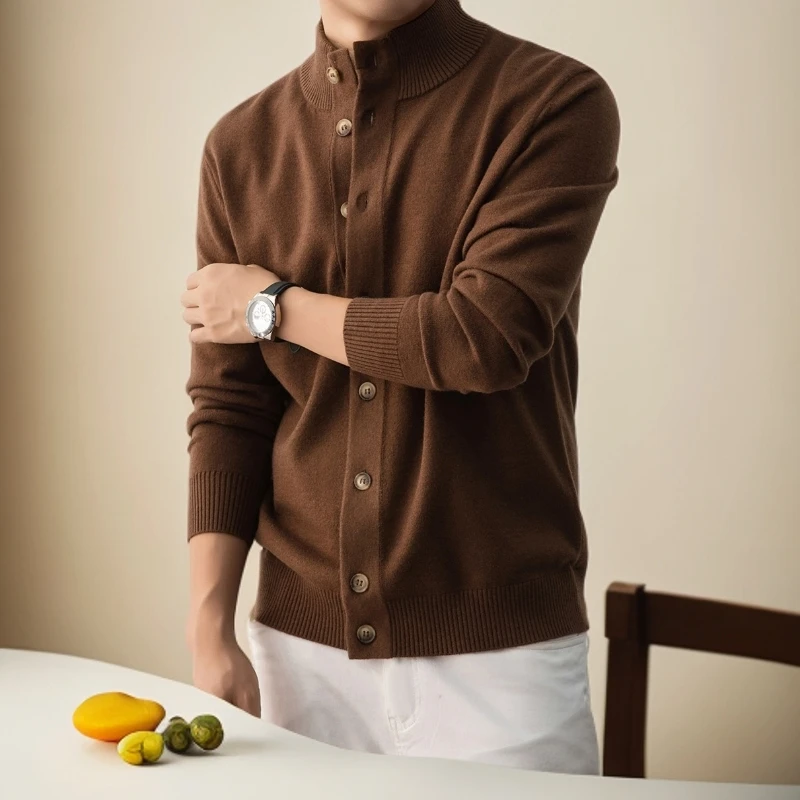 2025年秋冬新款男士开衫外套老钱风半高领含羊毛商务休闲钮扣上衣