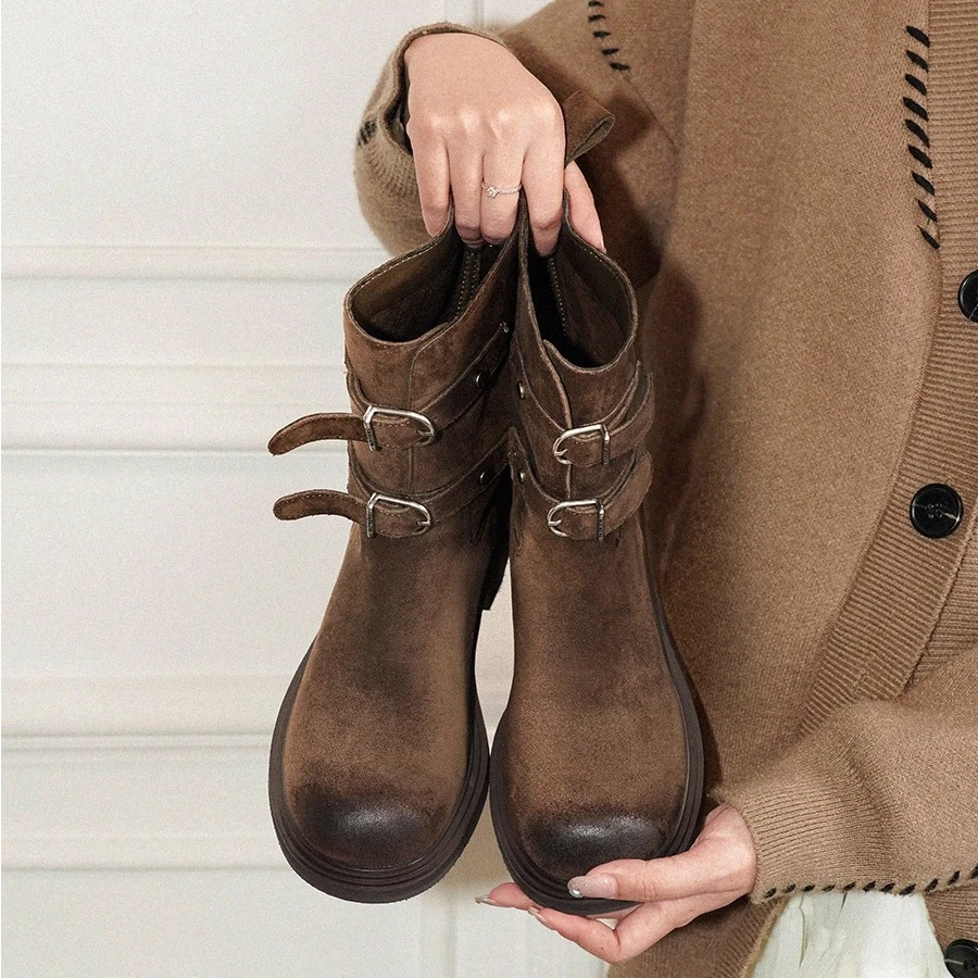 羊皮版~复古擦色皮带扣西部牛仔靴显瘦短靴女美拉德马丁靴机车靴