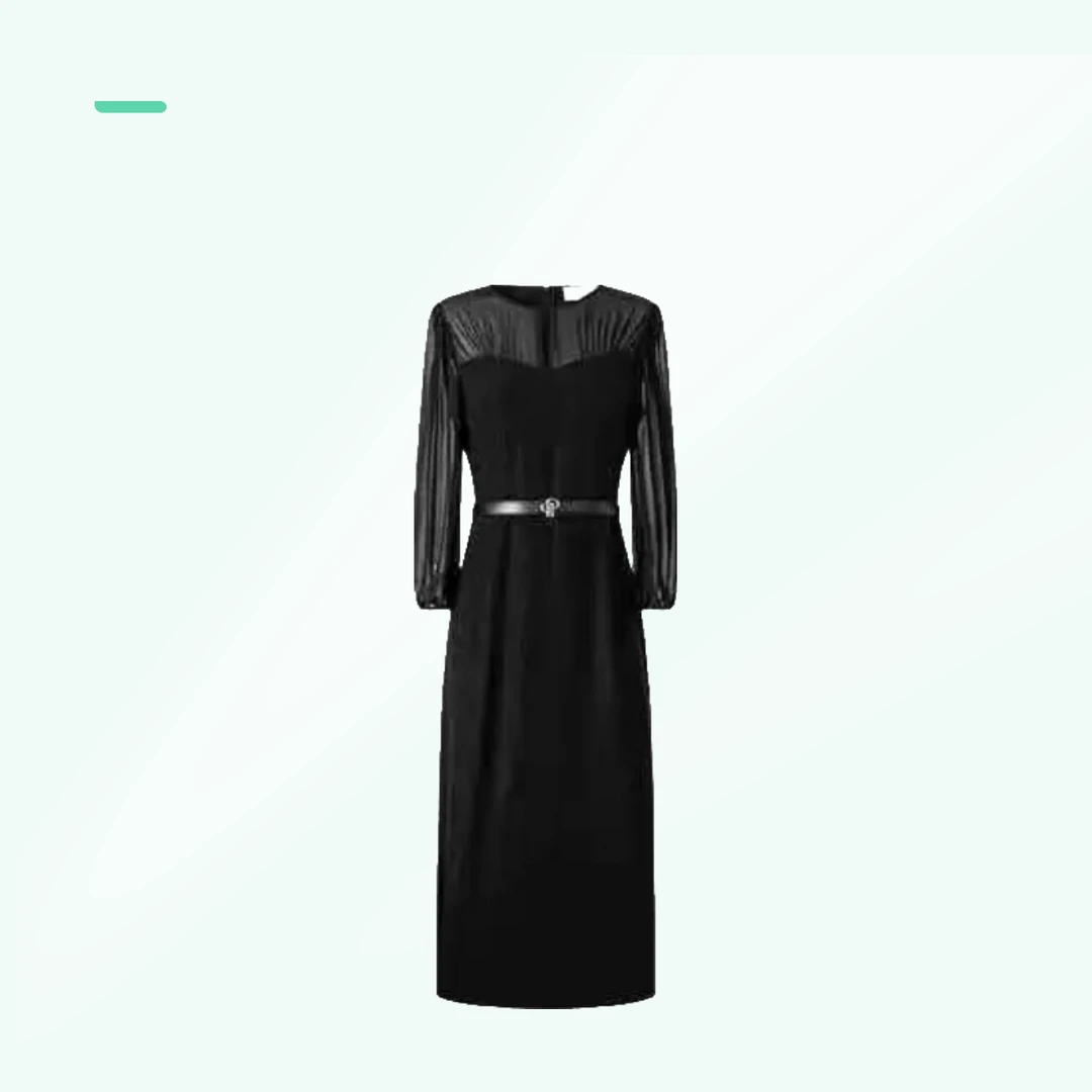 GXO春夏新优雅透视袖黑色醋纤混纺收腰连衣裙女LYQ0035