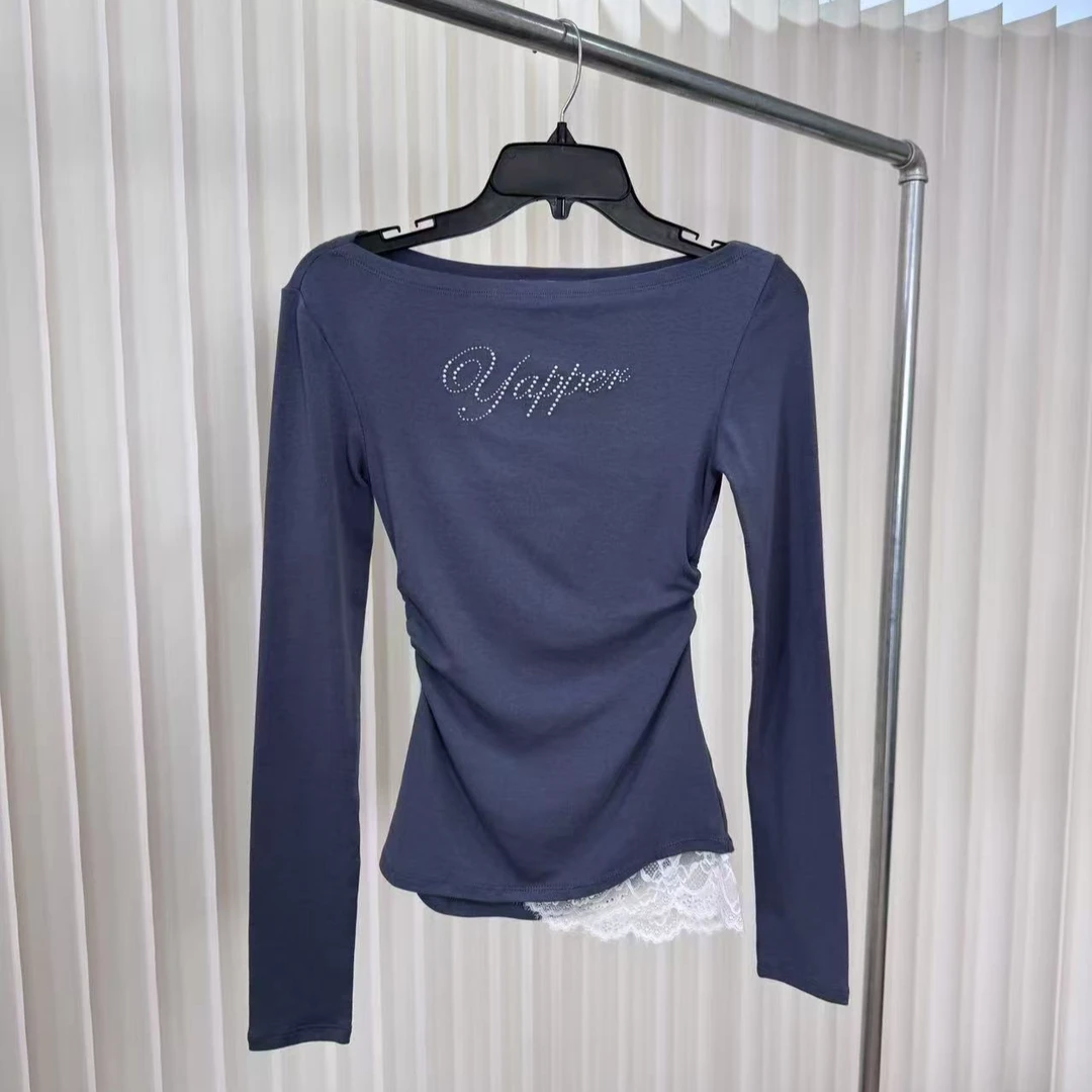 少“小蛮腰”定烫珍珠弹力蕾丝拼接打底衫显瘦气质长袖时尚休闲百搭